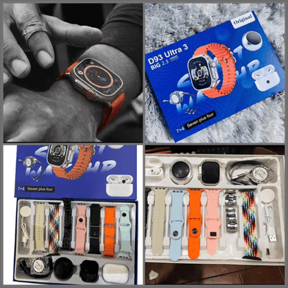 Pack Ultime Smartwatch D93 Ultra 3 – Écran Géant 2.3" + 7 Bracelets + Écouteurs Pro + Enceinte Bluetooth 🔊🔥