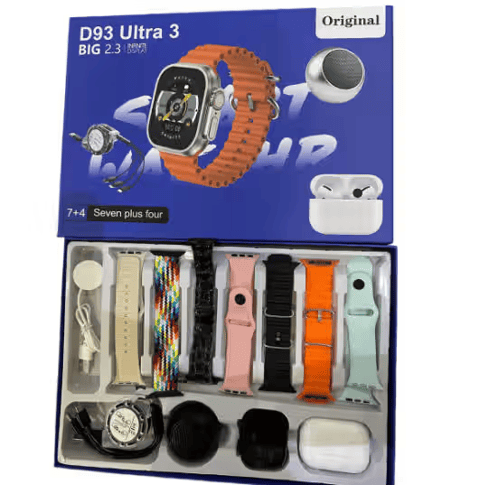 Pack Ultime Smartwatch D93 Ultra 3 – Écran Géant 2.3" + 7 Bracelets + Écouteurs Pro + Enceinte Bluetooth 🔊🔥