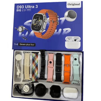 Pack Ultime Smartwatch D93 Ultra 3 – Écran Géant 2.3" + 7 Bracelets + Écouteurs Pro + Enceinte Bluetooth 🔊🔥